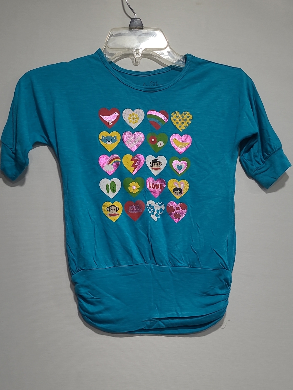 Paul Frank Teal Short Sleeve Tee with Multicolor Vibrant Graphic Heart Motifs 4T